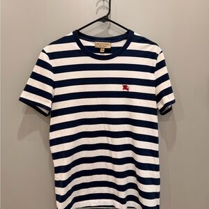 Burberry Navy & White Striped Short Sleeve Tee with Red Logo